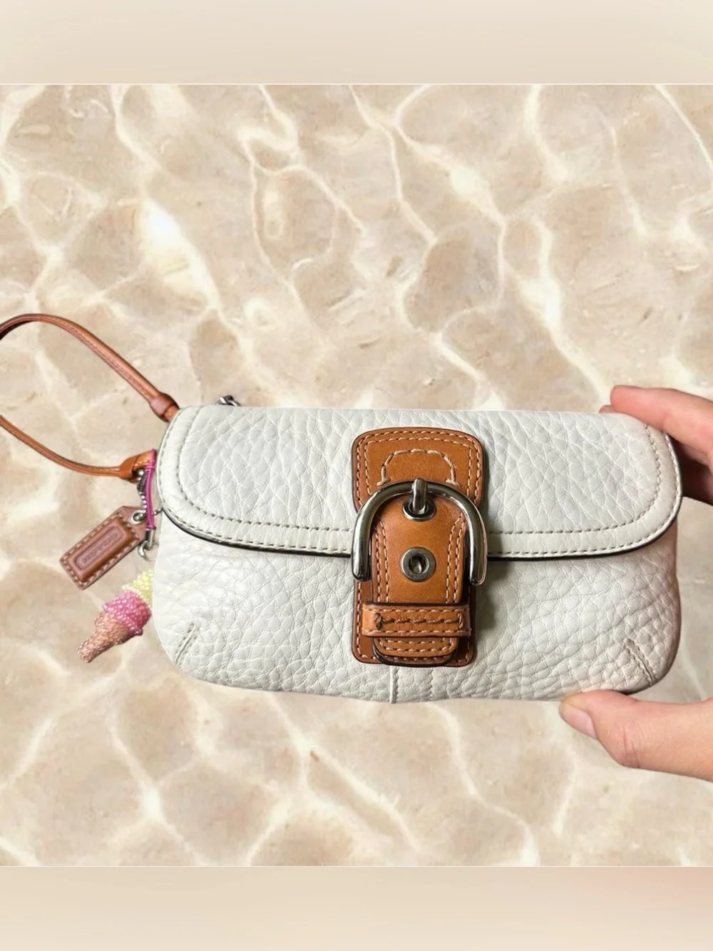 Coach Soho White Pebbled Leather Wristlet Wallet with Tan Buckle Accent